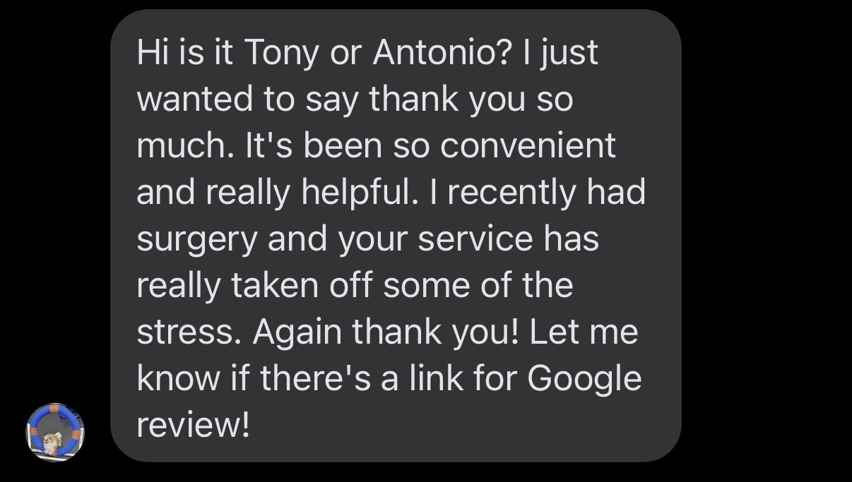 Customer message describing the convenience and helpfulness of Tony Trash